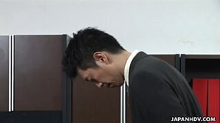 Sweet office lady with sensual lips —  Emiri Mizukawa gave a blowjob to her boss —  while they were alone in his office and enjoyed the way he was toying her wet pussy to please her