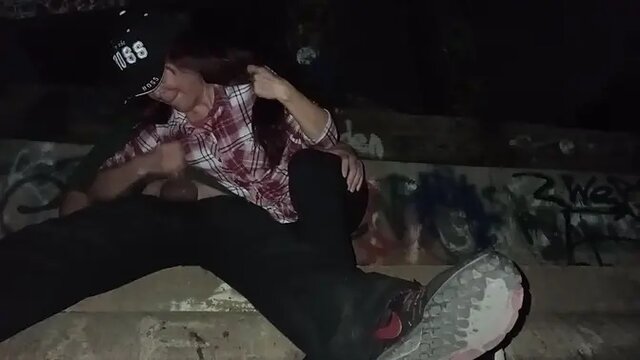 Petite Latina milf gives blowjob under train bridge