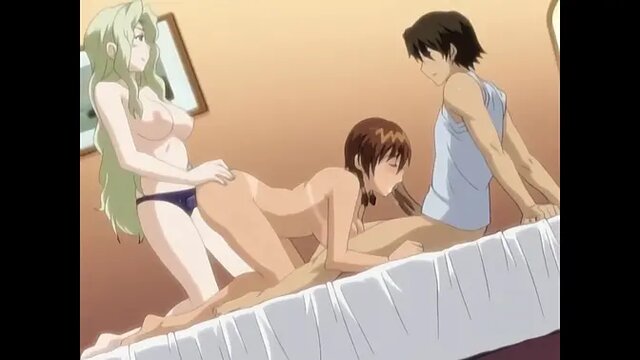 Asian babe gets big rod in strap-on during lesbian threesome